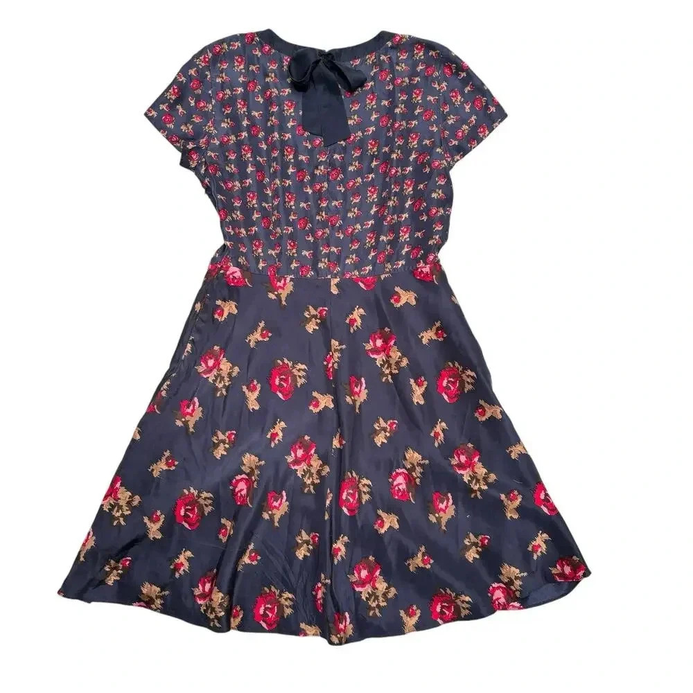 Brooks Brothers Red Fleece Floral Silk Dress Size 8 Navy Red Classic Pretty - Picture 4 of 9